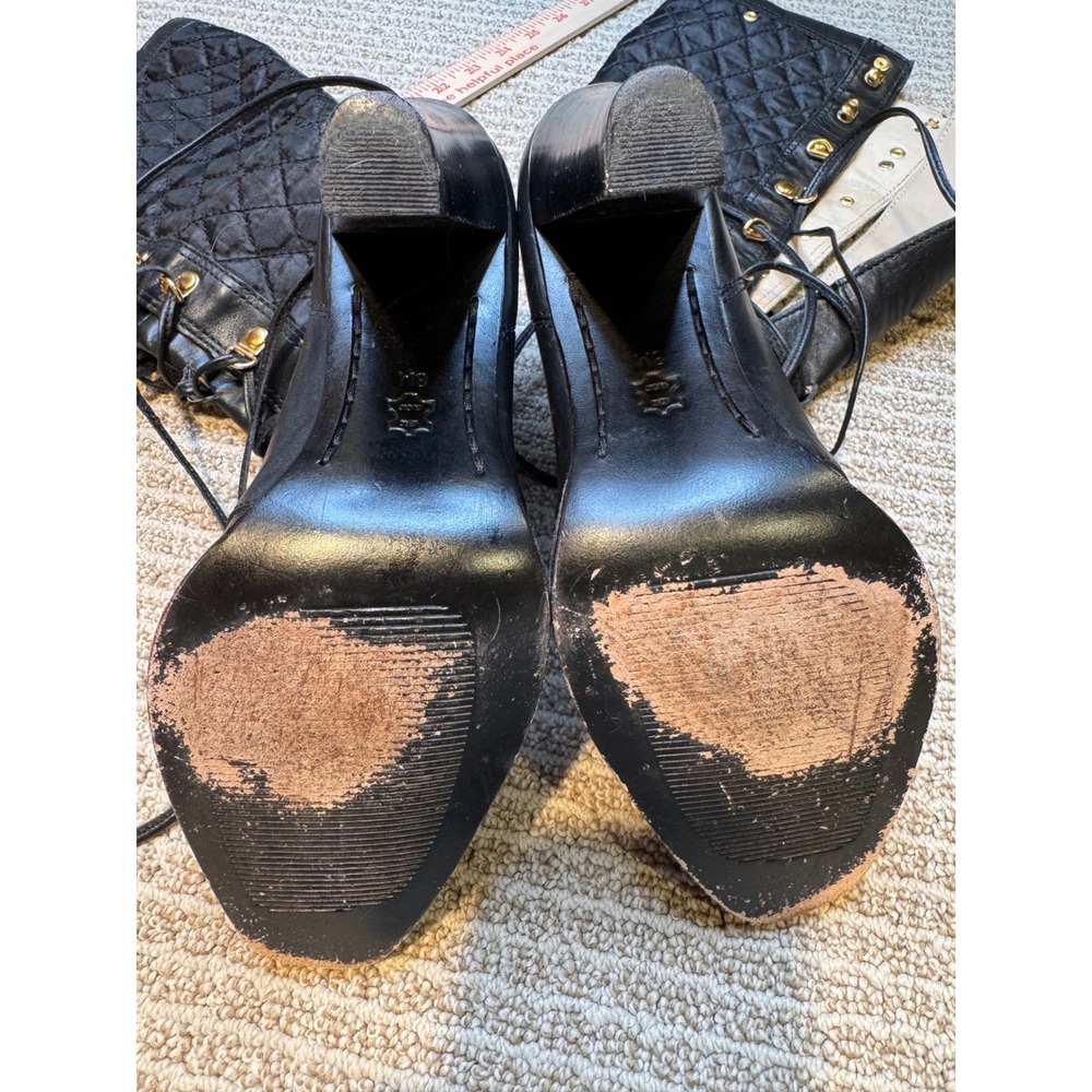 Michael Kors Black Quilted Leather Lace Up High Heel Boots Womens 8M Gold - Picture 8 of 11